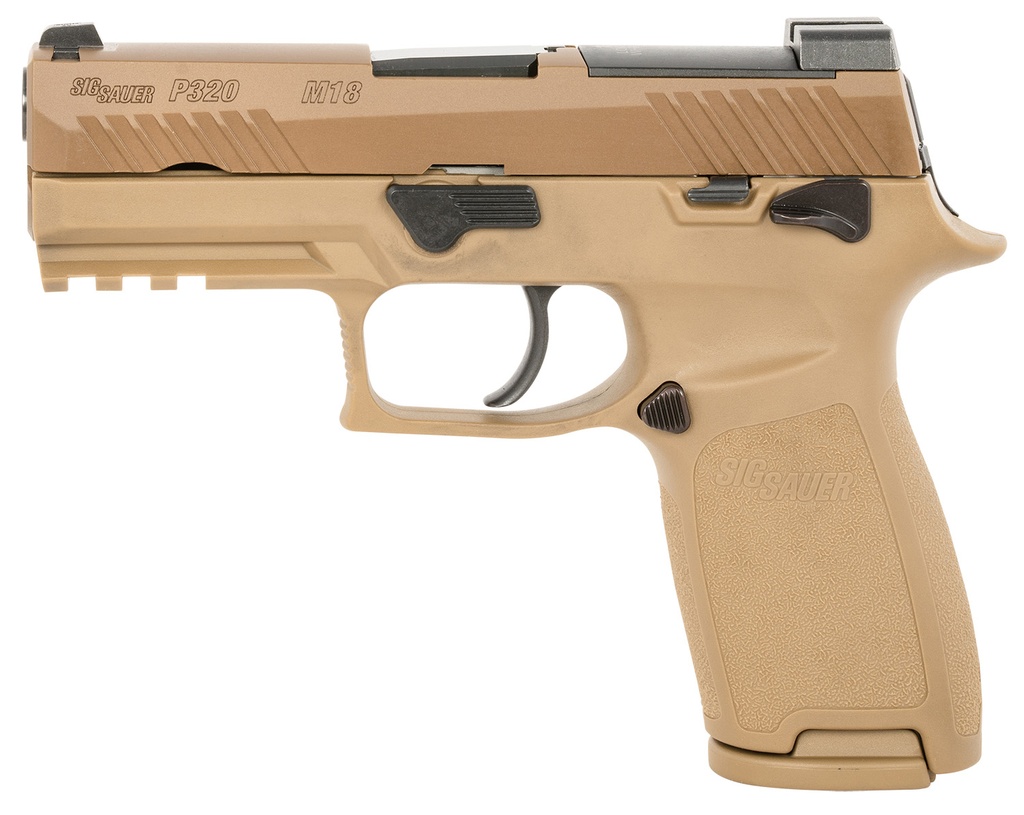 Sig Sauer P320 M18 *CA Compliant Carry Frame 9mm Luger 10+1, 3.90" Black Carbon Steel Barrel, Coyote PVD Serrated Stainless Steel Slide, Coyote PVD Stainless Steel Frame w/Beavertail & Picatinny Rail, Coyote Polymer Grip, Manual Safety