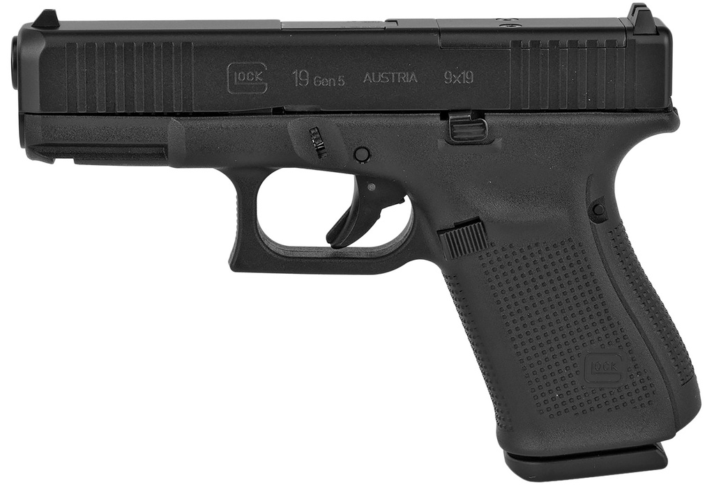 Glock G19 Gen5 MOS Compact 9mm Luger 15+1 4.02" Black GMB Barrel, Black nDLC MOS Cut/Serrated Slide, Black Polymer Frame w/Picatinny Rail, Black Textured w/Interchangeable Backstrap Grip, Ambidextrous