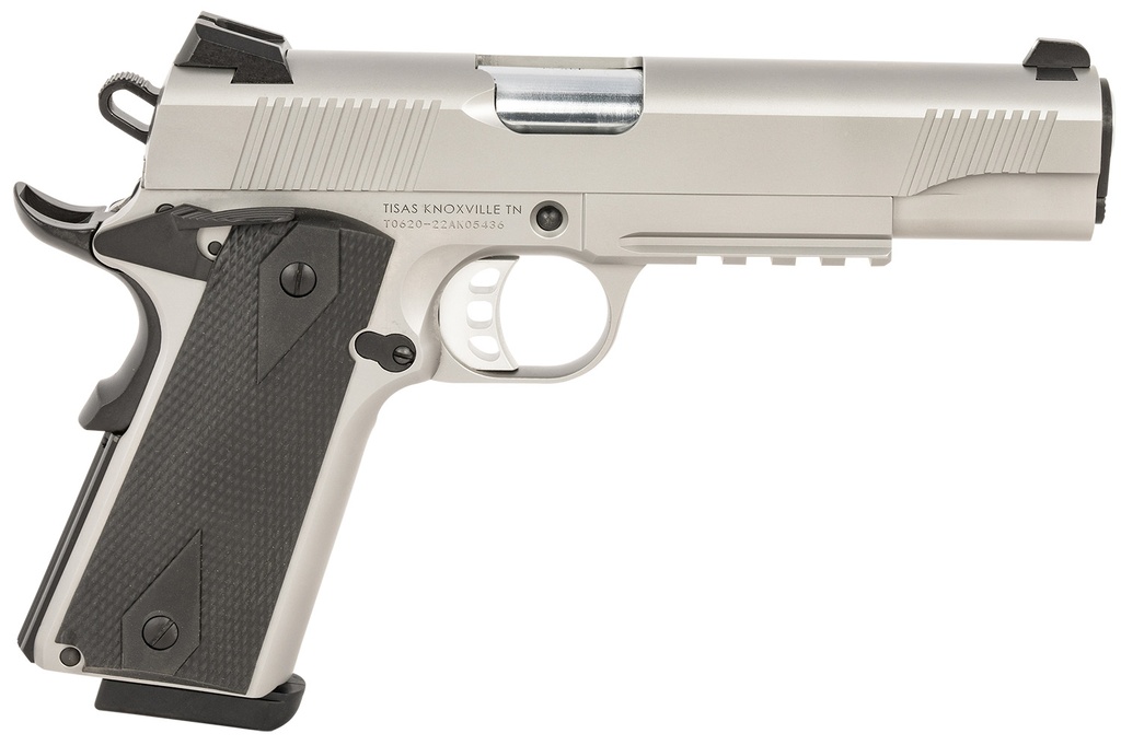 Tisas 1911 Duty 45 ACP 8+1 5" Black Steel Barrel, Stainless Serrated Slide, Satin Stainless Steel Frame w/Accessory Rail & Beavertail, Ambidextrous