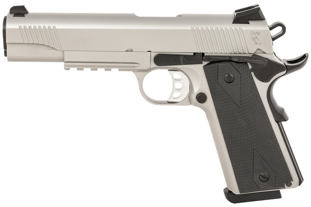 Tisas 1911 Duty 45 ACP 8+1 5" Black Steel Barrel, Stainless Serrated Slide, Satin Stainless Steel Frame w/Accessory Rail & Beavertail, Ambidextrous