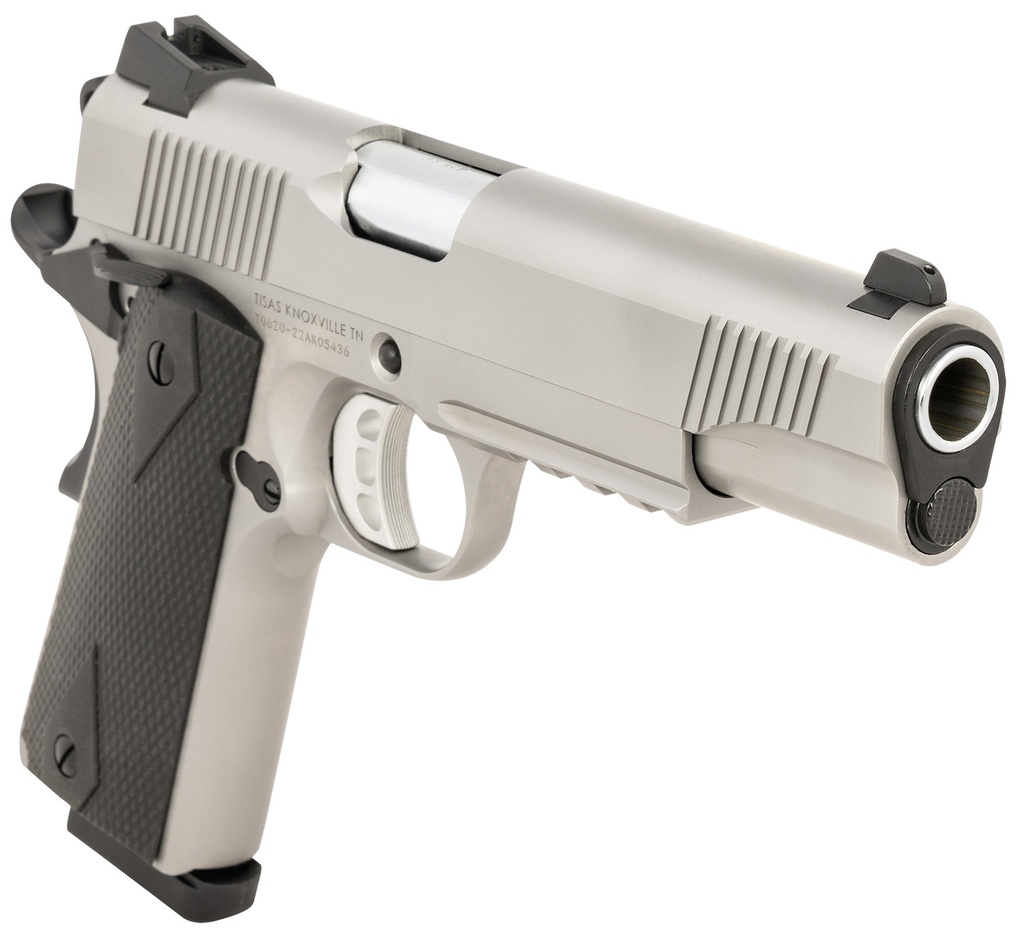 Tisas 1911 Duty 45 ACP 8+1 5" Black Steel Barrel, Stainless Serrated Slide, Satin Stainless Steel Frame w/Accessory Rail & Beavertail, Ambidextrous