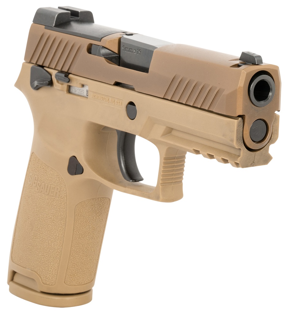 Sig Sauer P320 M18 *CA Compliant Carry Frame 9mm Luger 10+1, 3.90" Black Carbon Steel Barrel, Coyote PVD Serrated Stainless Steel Slide, Coyote PVD Stainless Steel Frame w/Beavertail & Picatinny Rail, Coyote Polymer Grip, Manual Safety