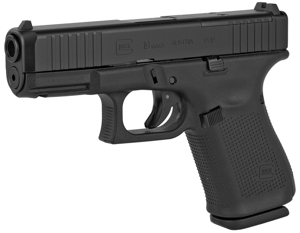 Glock G19 Gen5 MOS Compact 9mm Luger 15+1 4.02" Black GMB Barrel, Black nDLC MOS Cut/Serrated Slide, Black Polymer Frame w/Picatinny Rail, Black Textured w/Interchangeable Backstrap Grip, Ambidextrous