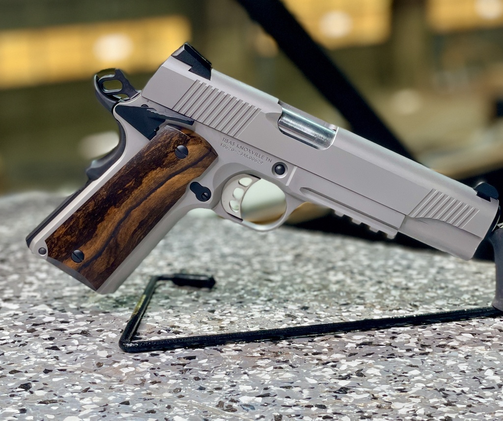 Tisas 1911 Duty 45 ACP 8+1 5" Black Steel Barrel, Stainless Serrated Slide, Satin Stainless Steel Frame w/Accessory Rail & Beavertail, Ambidextrous