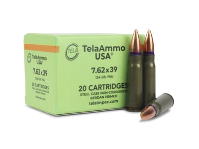 TelaAmmo 7.62x39mm Ammunition 124 Grain Steel Cased Full Metal Jacket 20 Rounds
