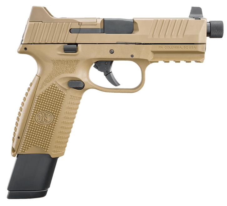 FN 66100373 509T 9mm Luger 17+1/24+1 4.50" Black Steel Threaded Barrel, Flat Dark Earth Optic Cut/Serrated Stainless Steel Slide, Flat Dark Earth Polymer Frame w/Picatinny Rail