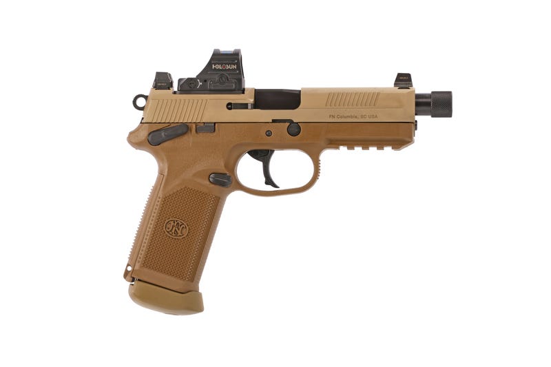 FN 66102270 FNX w/Optic 45 ACP 15+1 5.30" Black Steel Threaded Barrel, Flat Dark Earth Optic Ready/Serrated Stainless Steel Slide & Polymer Frame w/Picatinny Rail, Holosun 407C Red Dot, Ambidextrous