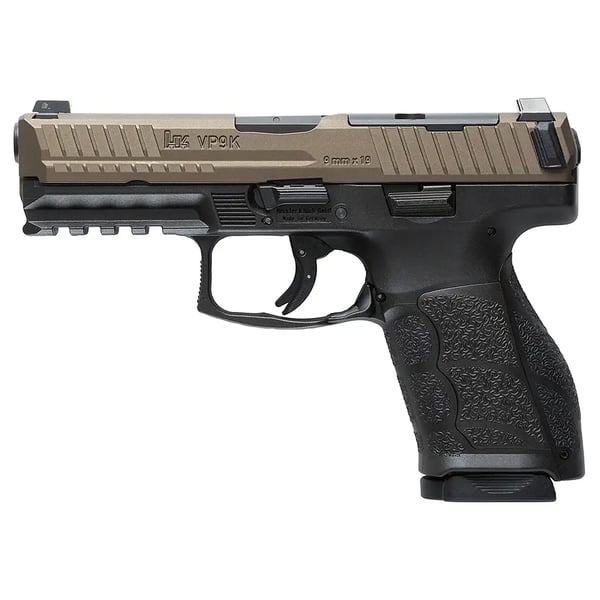 HK VP9A1 K Compact 9mm Luger 15+1 4.09" Black Steel Barrel, Midnight Bronze Steel Optic Ready/Serrated Slide, Black Polymer Frame w/Picatinny Rail, Interchangeable Backstrap Grip, Ambidextrous 