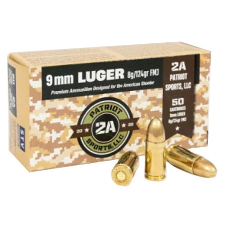 2A Patriot Sports 9mm Luger Ammunition P9MM124FMJ 124 Grain Full Metal Jacket 50 Rounds