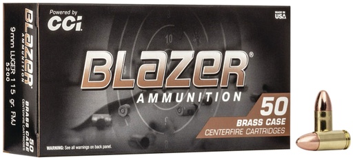 [5200] CCI Blazer Brass Handgun 9mmLuger 115gr Full Metal Jacket 50 Per Box/20 Case 