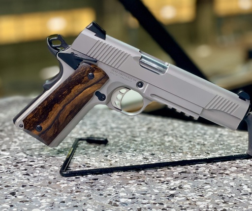 [10100533] Tisas 1911 Duty 45 ACP 8+1 5" Black Steel Barrel, Stainless Serrated Slide, Satin Stainless Steel Frame w/Accessory Rail & Beavertail, Ambidextrous