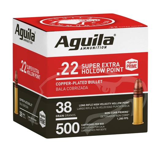 [1B221118] Aguila 1B221118 Super Extra Rimfire 22LR 38gr Copper Plated Hollow Point 500 Per Box/4 Case