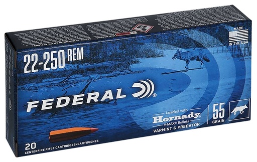 [V22250VM2] Federal Varmint & Predator 22-250Rem 55gr Hornady V-Max 20 Per Box/10 Case 
