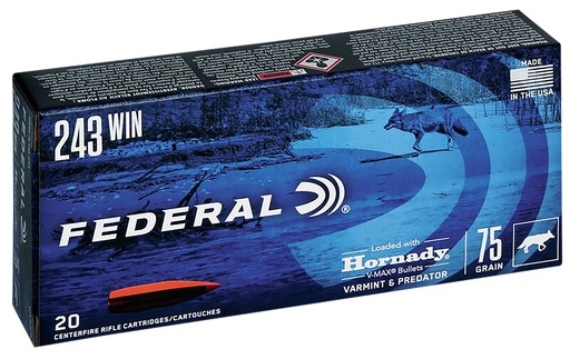 [V243VM75] Federal Varmint & Predator 243Win 75gr Hornady V-Max 20 Per Box/10 Case 