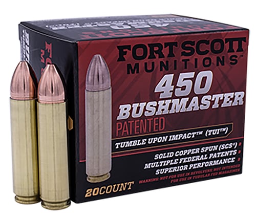 [758381721624] Fort Scott Munitions Tumble Upon Impact (TUI) Rifle 450 Bushmaster 250gr Solid Copper Spun 20rds