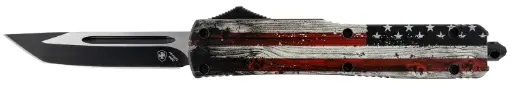 [093674810761] Templar Knife MWUS231 Gen II Wood US Flag Slim 3.43" OTF Tanto Plain Black Oxide Stonewashed 440C SS Blade, 5.05" Painted Wood Grain US Flag Aluminum Handle, Glass Breaker 